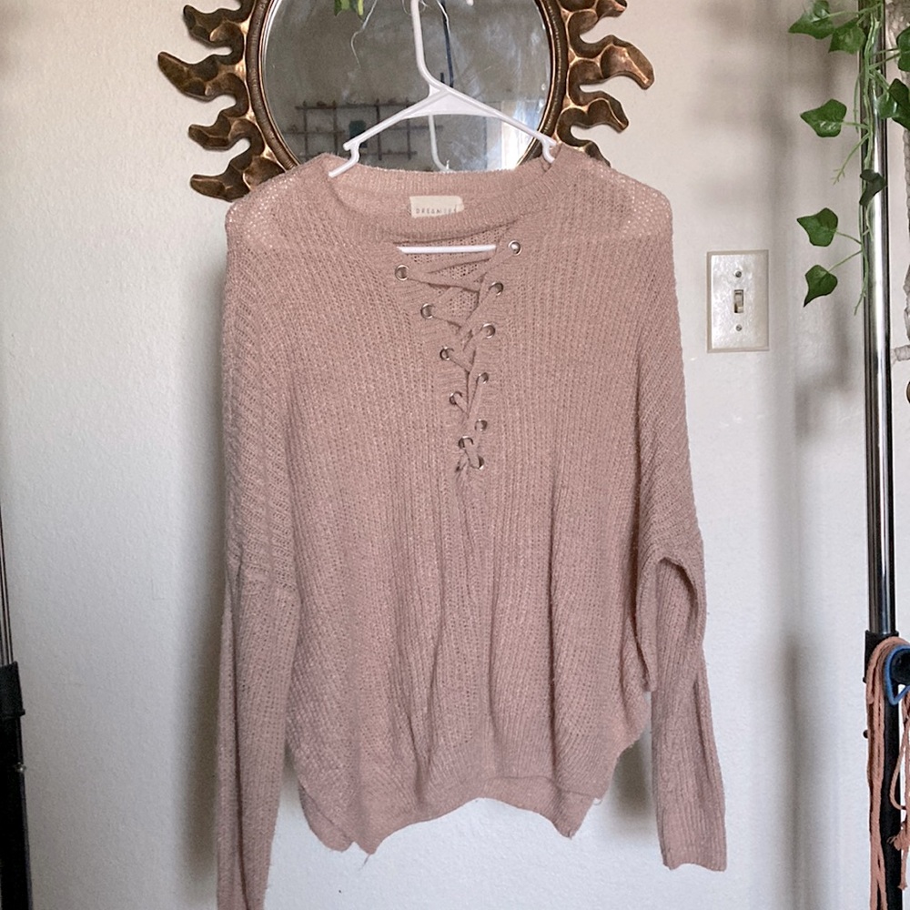 Thin light pink deep v neck sweater with tie front